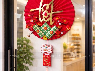 Vòng treo cửa Tết Quạt giấy nhung Đỏ Tết bánh chưng xanh [3 kiểu - Nhẹ] N30cm VTC-T-47